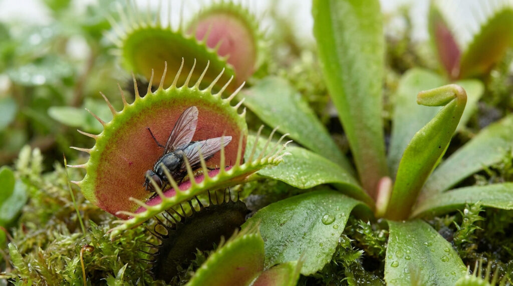 Gros plan sur une dionée attrape-mouche capturant une mouche dans ses feuilles dentelées entourées de mousse humide.
