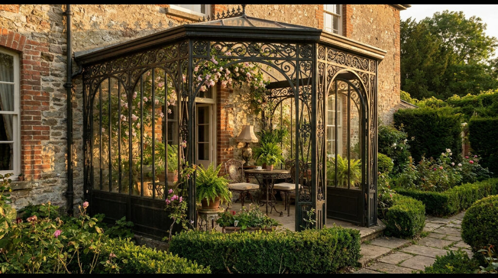 Une véranda en fer forgé de style victorien accolée à une demeure en pierre, entourée d’un jardin luxuriant au coucher.
