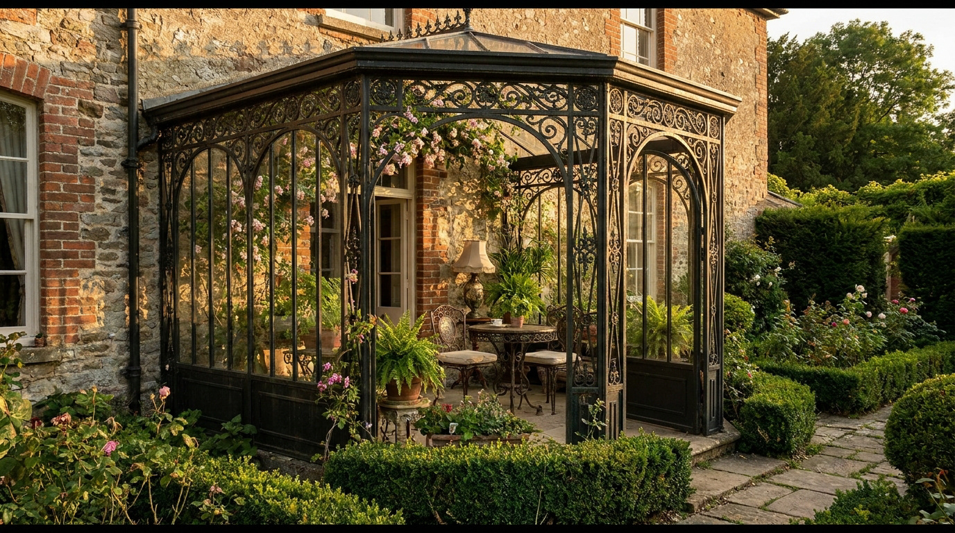 Une véranda en fer forgé de style victorien accolée à une demeure en pierre, entourée d’un jardin luxuriant au coucher.