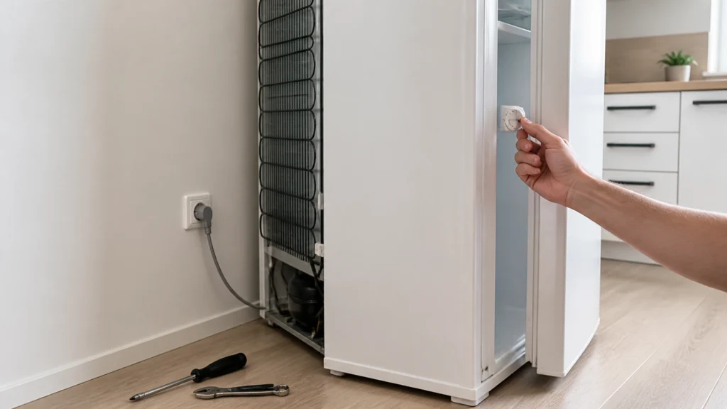 Illustration éditoriale pour l’article « Frigo neuf qui tourne en permanence : causes et solutions »