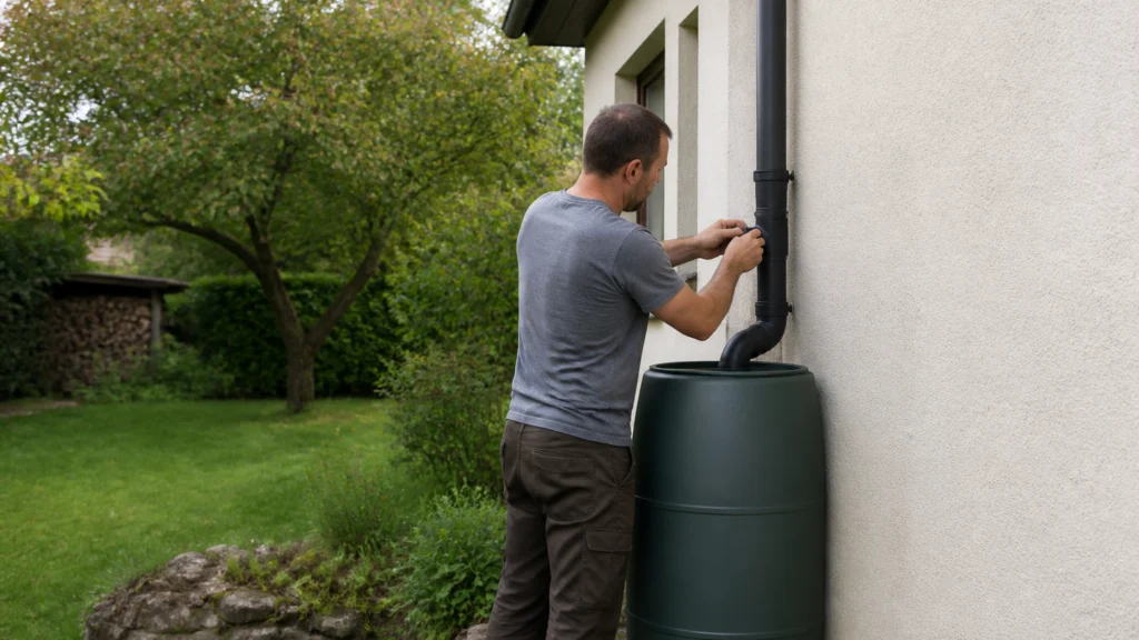 Illustration éditoriale pour l’article « Installer un récupérateur d'eau de pluie sur une gouttière »