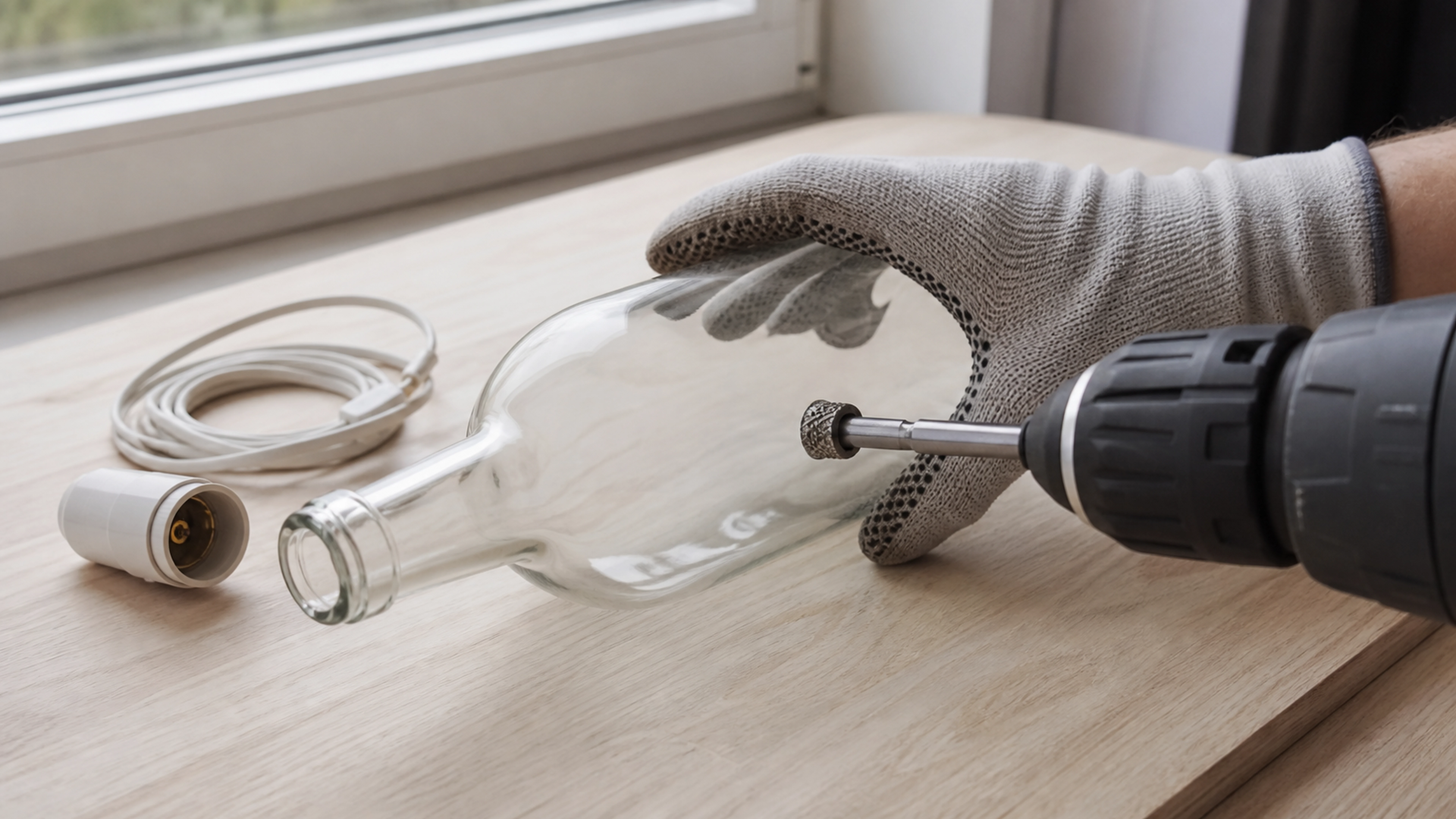 Illustration éditoriale pour l’article « Comment percer une bouteille en verre pour créer une lampe »