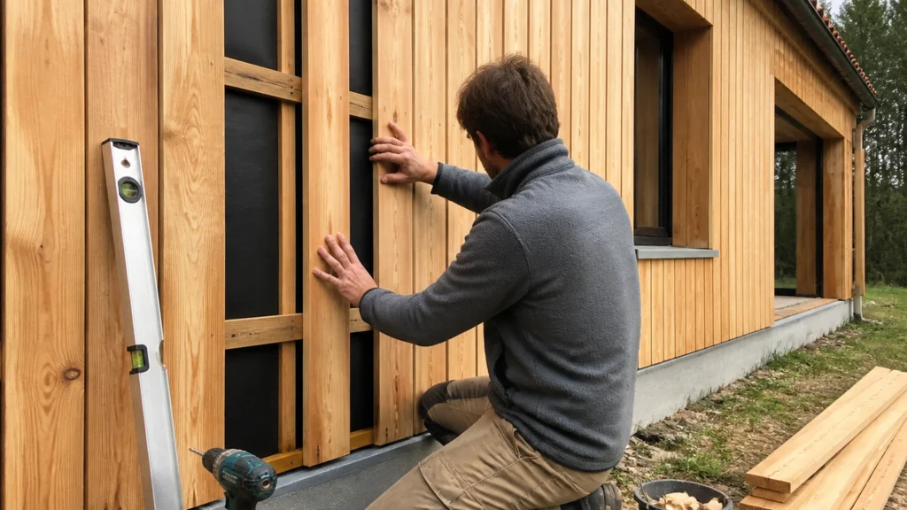 Illustration éditoriale pour l’article « Réussir la pose de bardage vertical bois : les étapes clés »