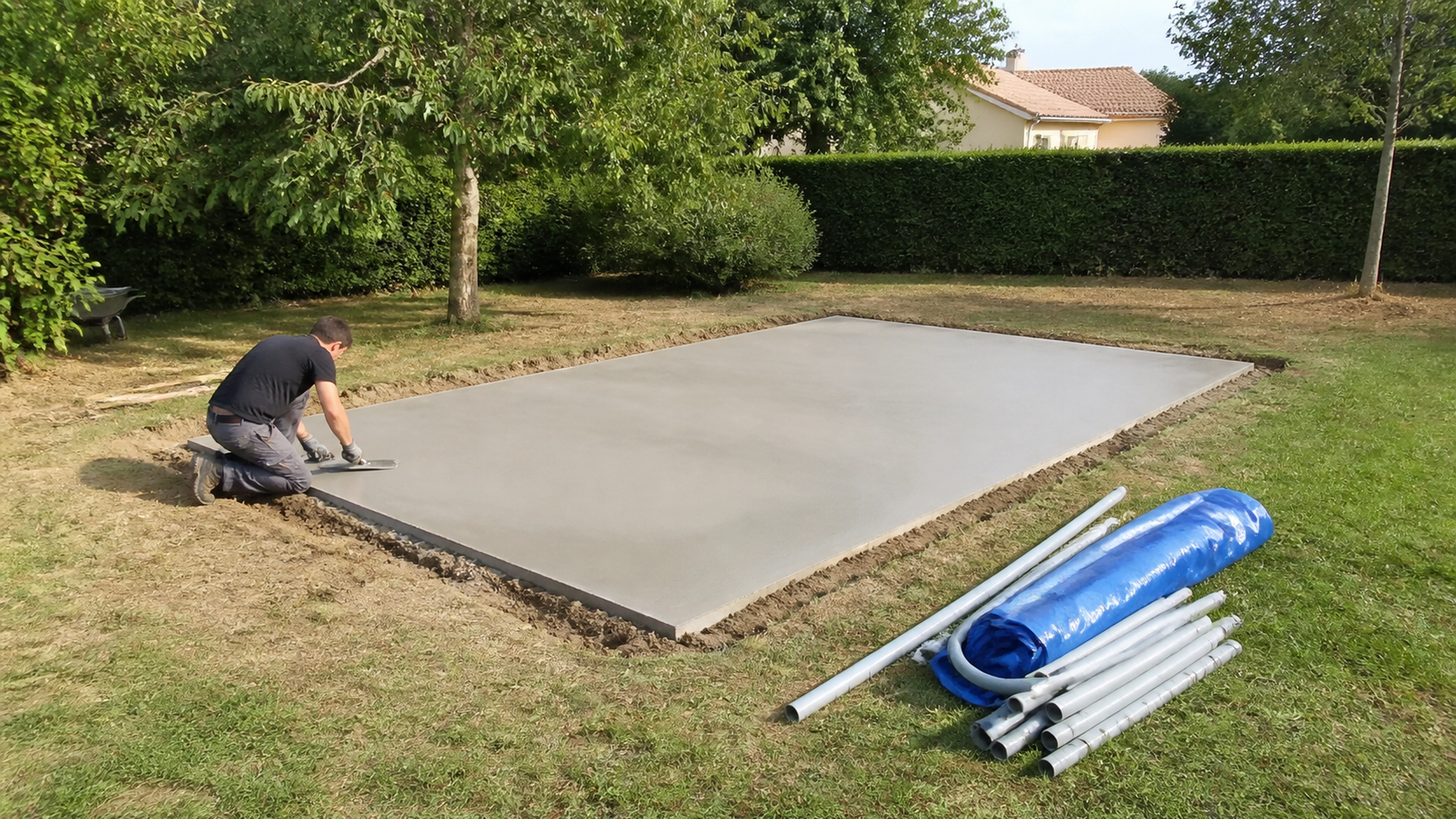Illustration éditoriale pour l’article « Réussir votre dalle béton pour piscine tubulaire : le guide »