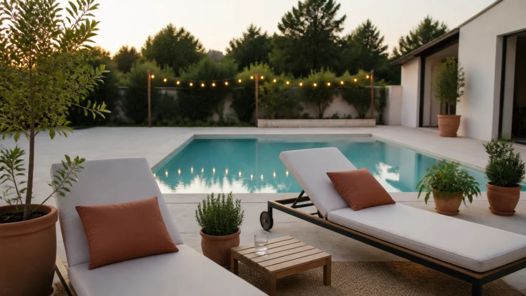 Illustration éditoriale pour l’article « Réussir la decoration abord piscine pour un extérieur chic »