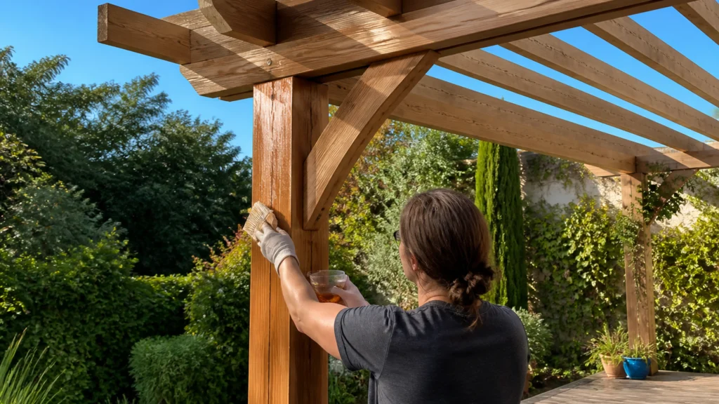 Illustration éditoriale pour l’article « Réussir l'entretien pergola bois pour prolonger sa durée »