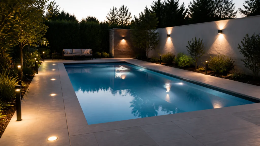 Illustration éditoriale pour l’article « Quel luminaire extérieur autour piscine choisir en 2026 »