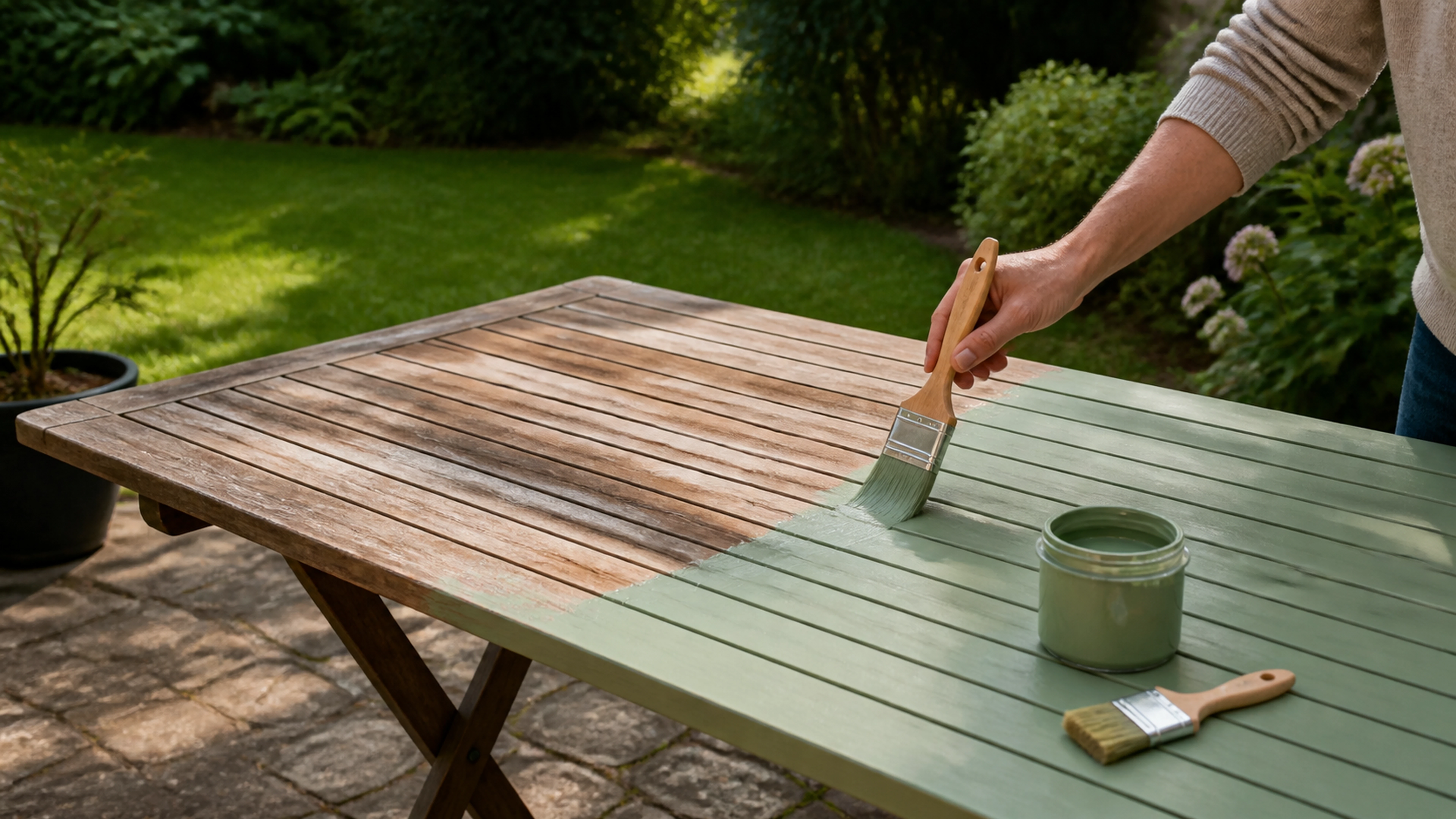 Illustration éditoriale pour l’article « Quelle peinture pour table de jardin choisir et appliquer »