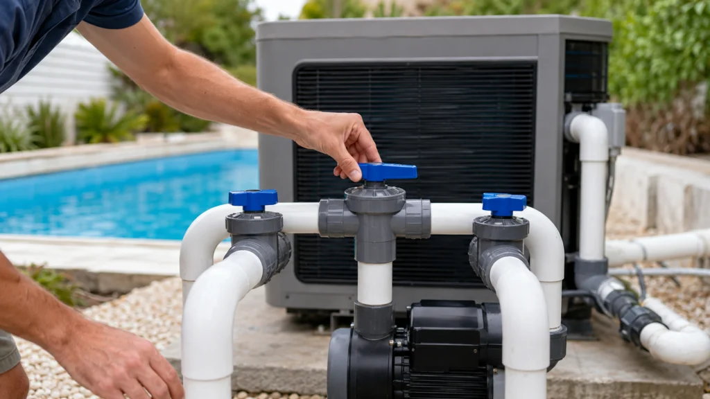 Illustration éditoriale pour l’article « Réglage bypass pompe à chaleur piscine : le guide du débit »